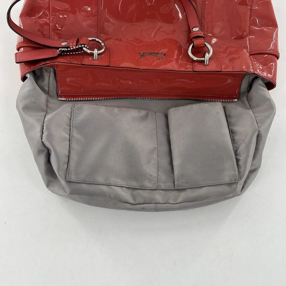 Coach Signature Embossed Patent Leather Coral Orange Satchel Tote Coral Orange